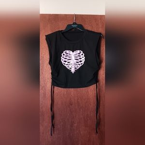 Shein Black Croptop with Pinky-Purple Heart Ribcage Graphic